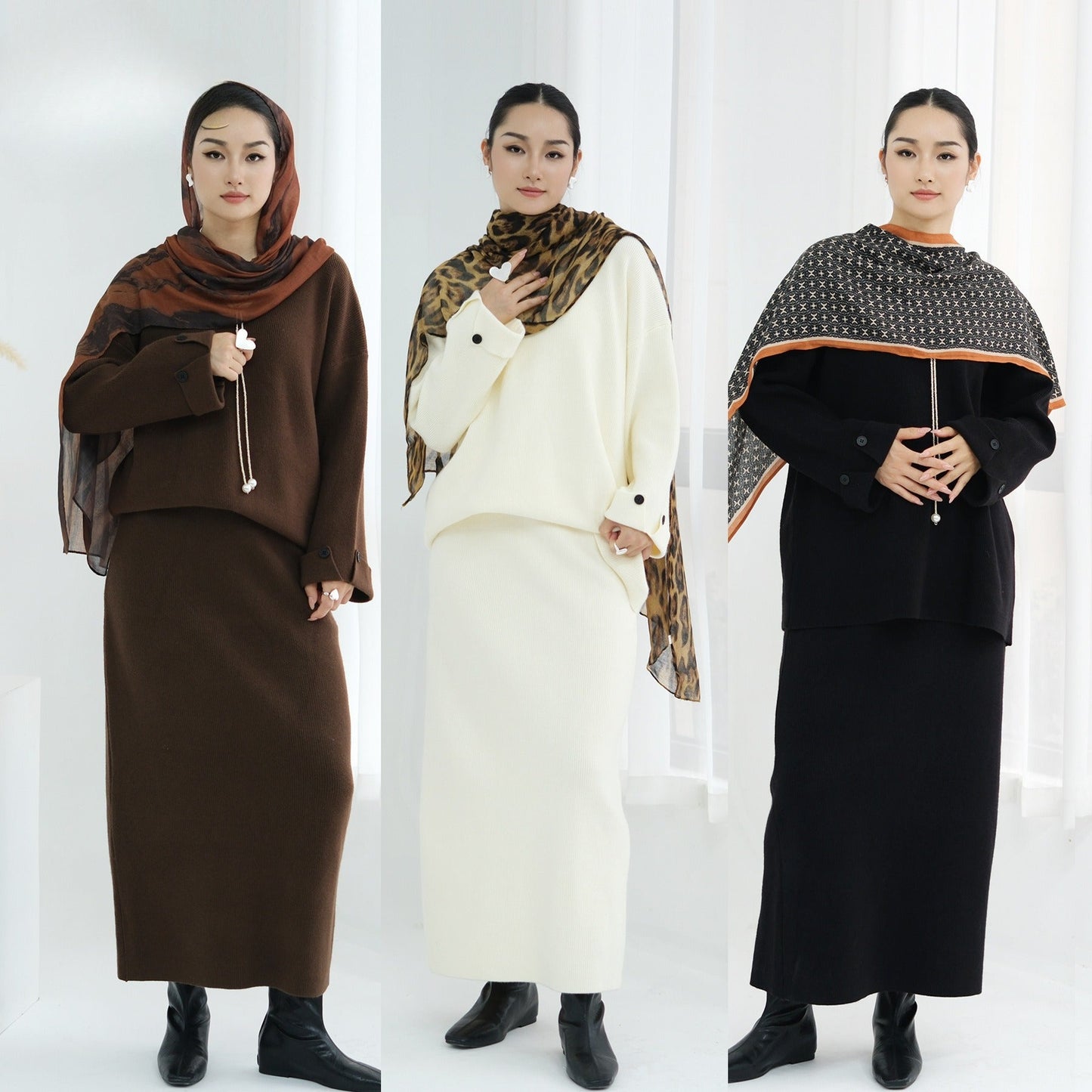 LM6601 Autumn and Winter Thickened Knitted Suit Solid Color Two-piece Skirt Suit (optional Headscarf)