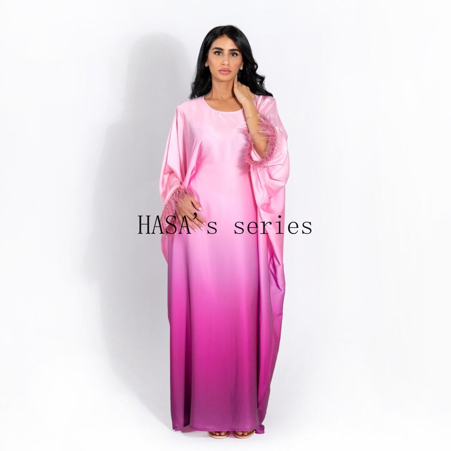 LUMAYA5111 Gradient-colored Fringed Long Dress, Romantic Dress with Batwing Sleeves.