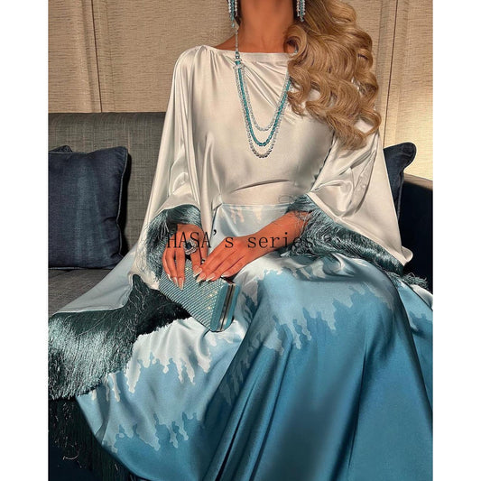 LUMAYA5095 Romantic Gradient Fringed Robe, Elegant Printed Long Dress