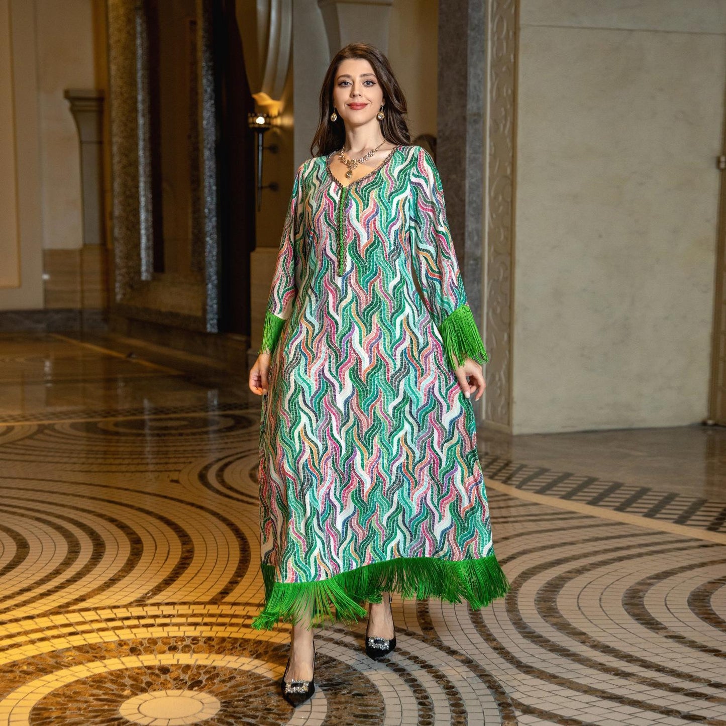 LUMAYA LUMAYA0521 Middle East Arab Dubai Muslim Robe Ladies Printed Casual Jalabiya Ethnic Clothing