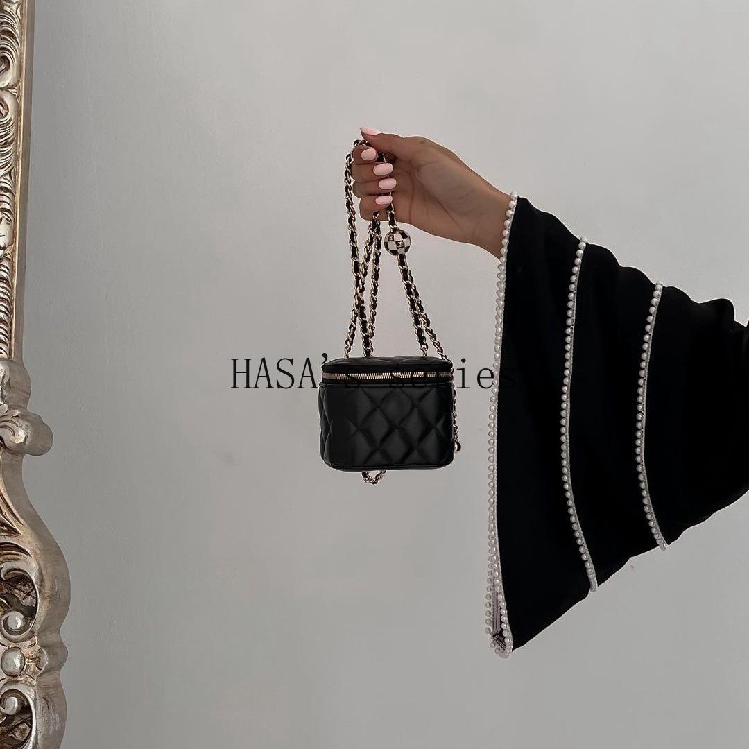 LUMAYA5093 Elegant black cardigan-style long robe with wide sleeves and a round-neck dress design featuring beaded embellishments.
