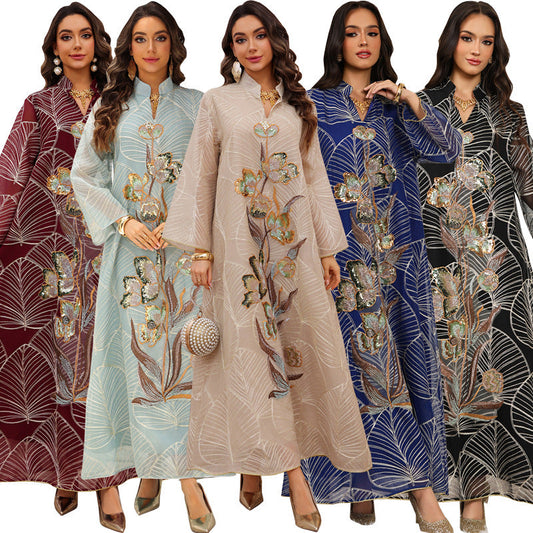 LM6657 Women's Long Robe Dress with Mesh Embroidery
