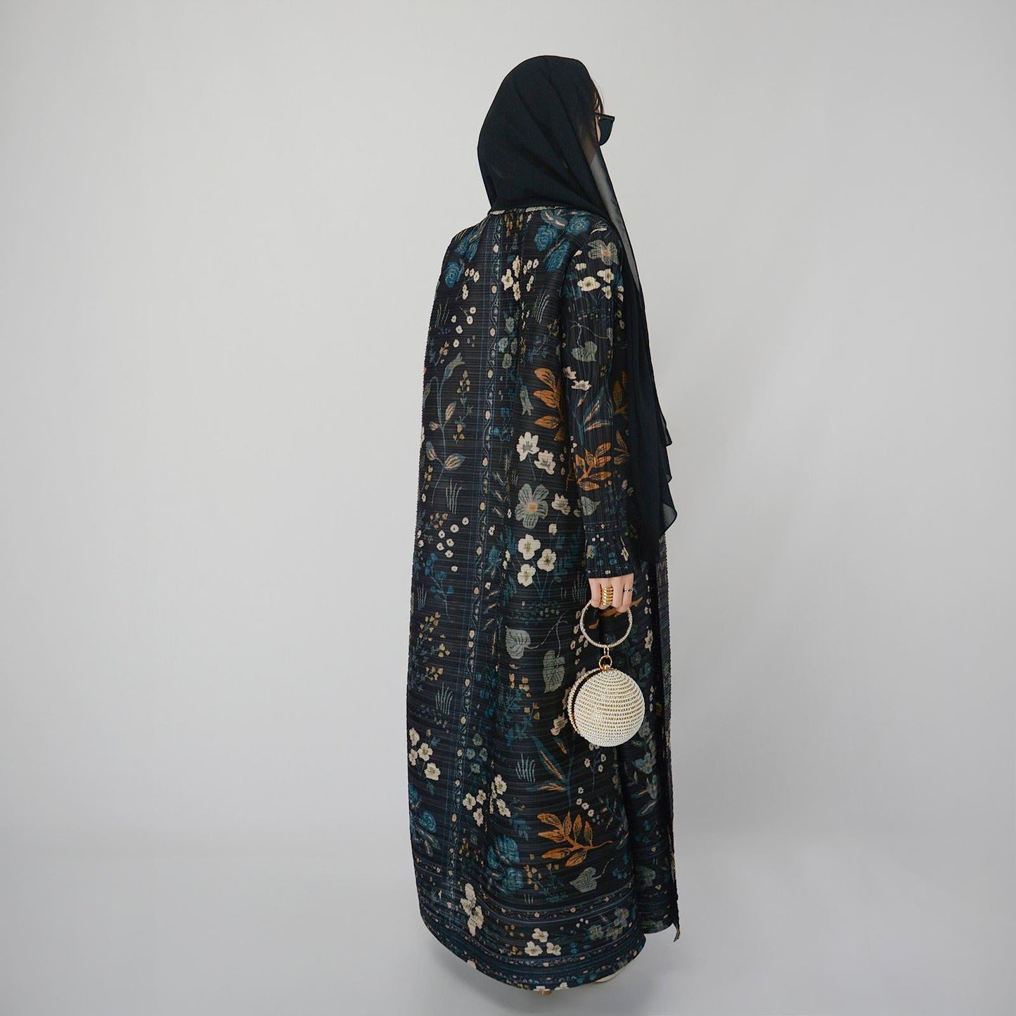 LUMAYA5836 Dark-colored, Long, Open-front Jacket with A Plant Print (with Belt)