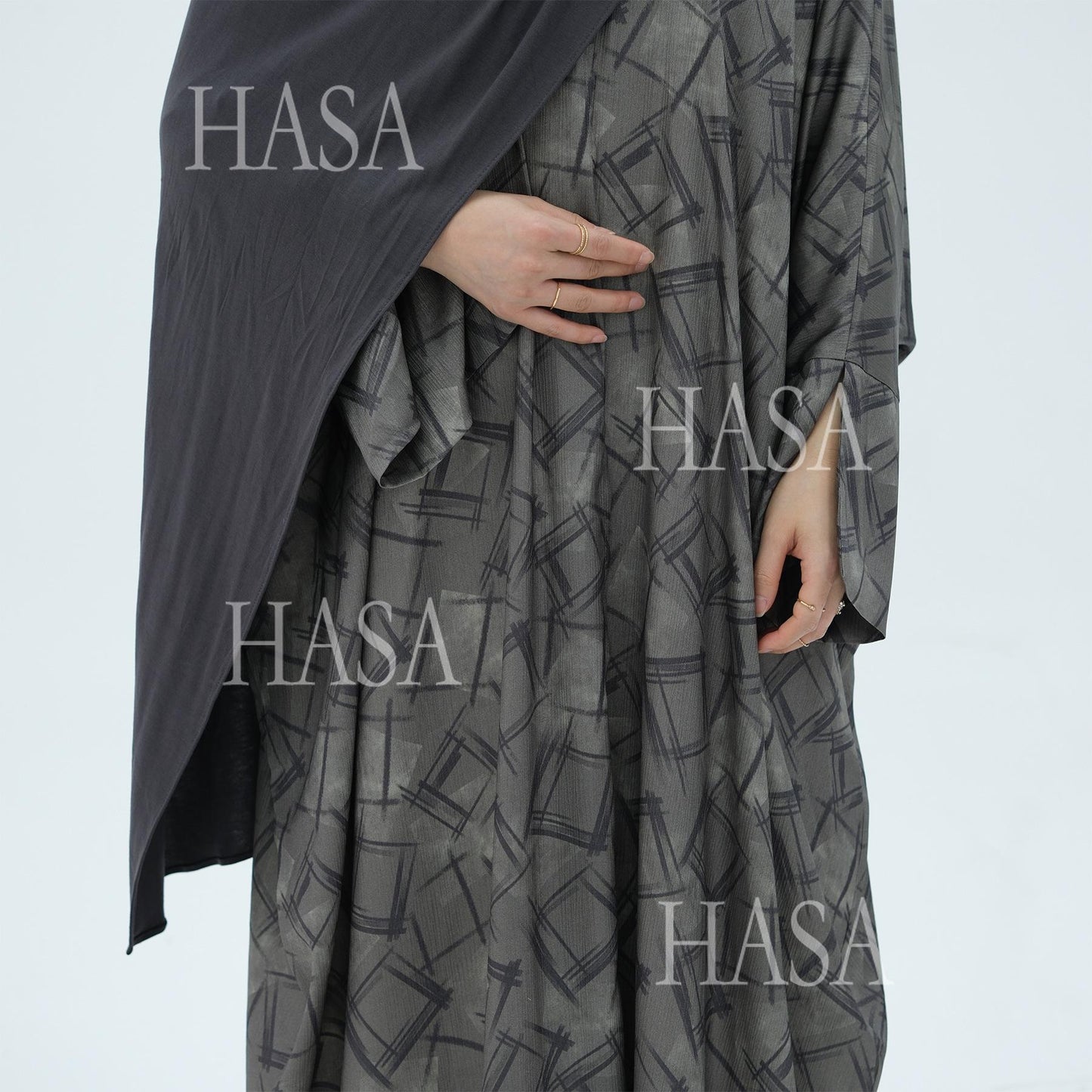 LUMAYA6504 Grey geometric print long cardigan Abaya (headscarf not included)