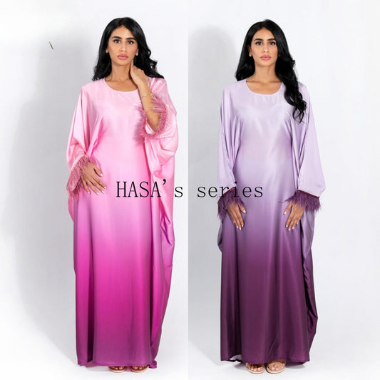 LUMAYA5111 Gradient-colored Fringed Long Dress, Romantic Dress with Batwing Sleeves.