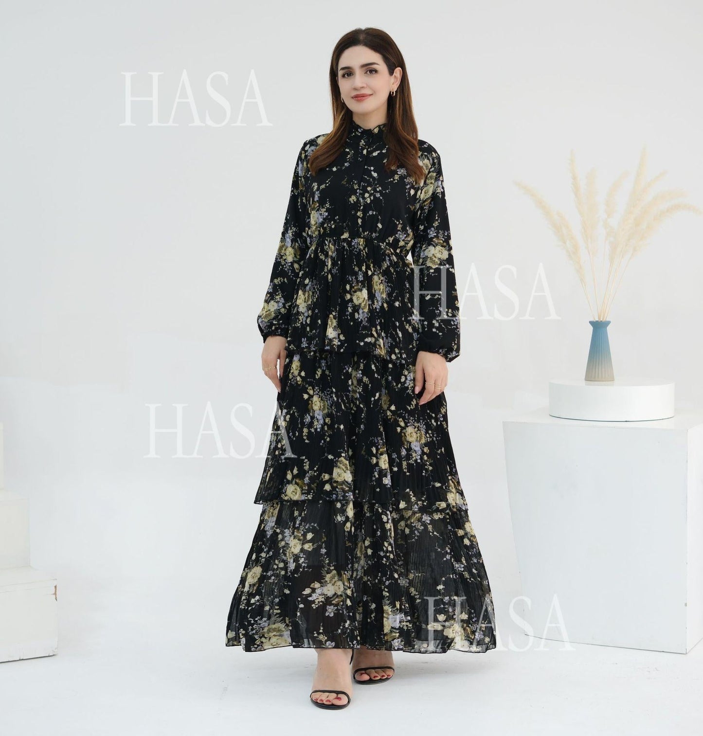LUMAYA6500  Romantic Layered Print Long Dress
