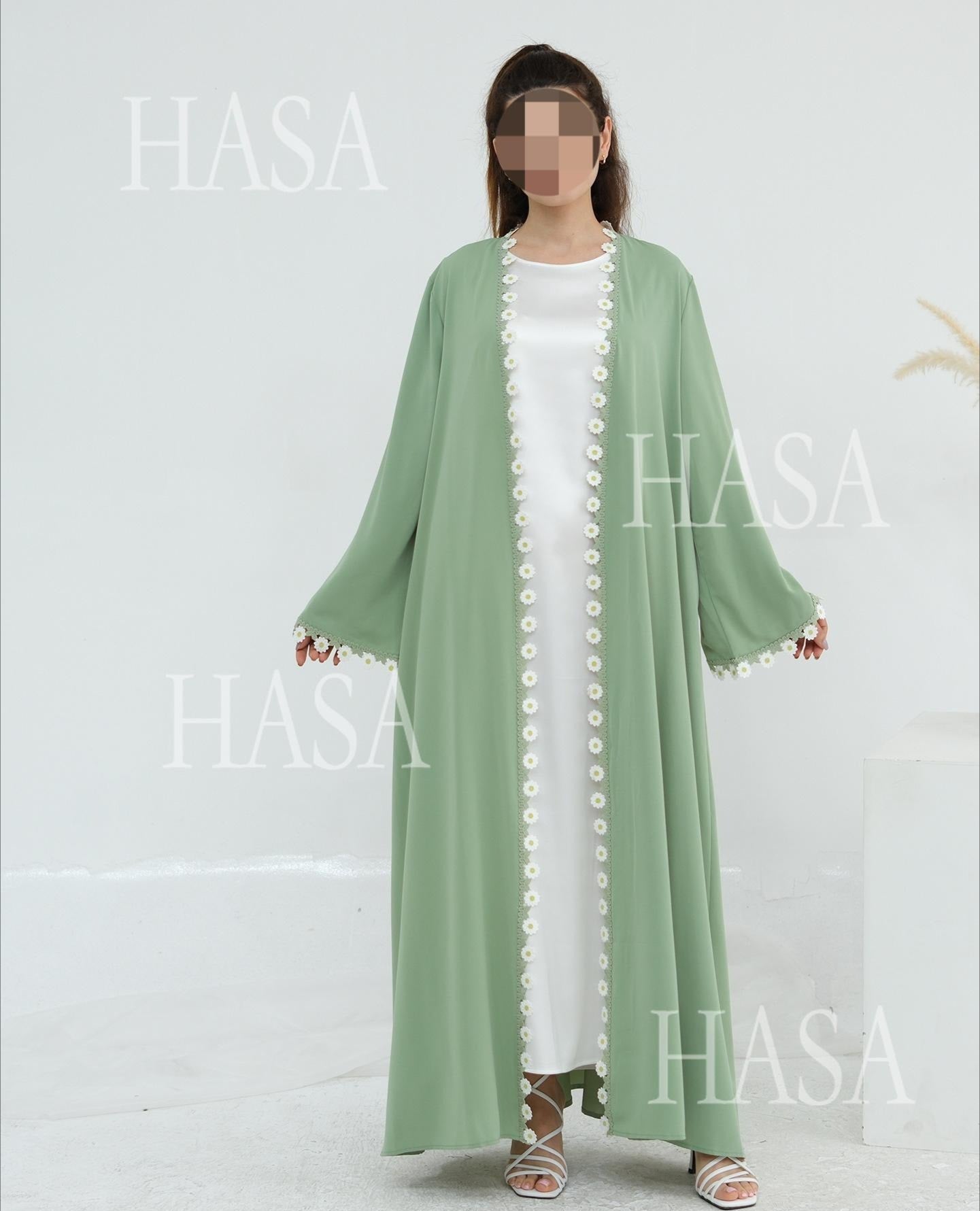 LM6616 Green Flower Stitching Cardigan Two-Piece Set (Including Headscarf)
