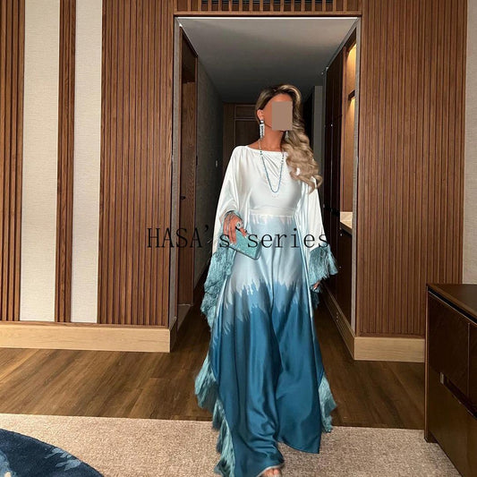 LUMAYA5095 Romantic Gradient Fringed Robe, Elegant Printed Long Dress