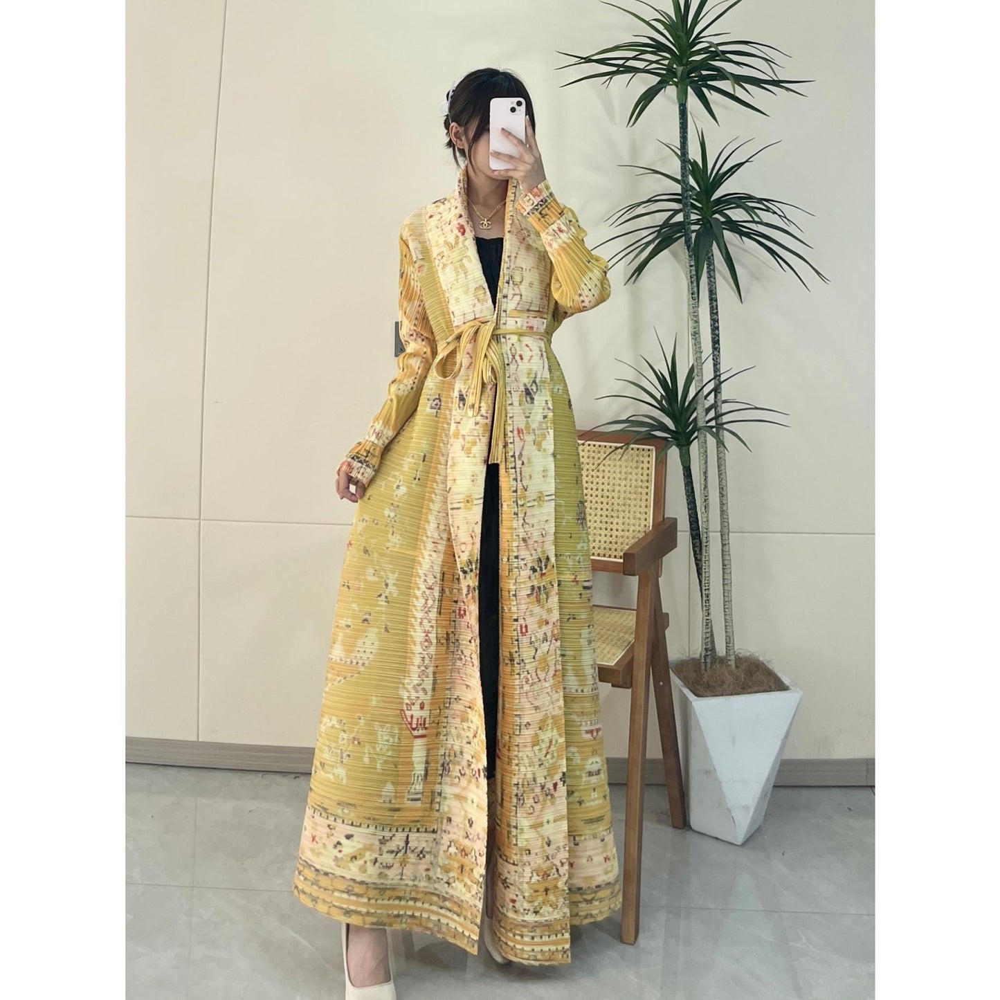 LUMAYA5843 Retro Warm Yellow Floral Textured Open-front Long Coat