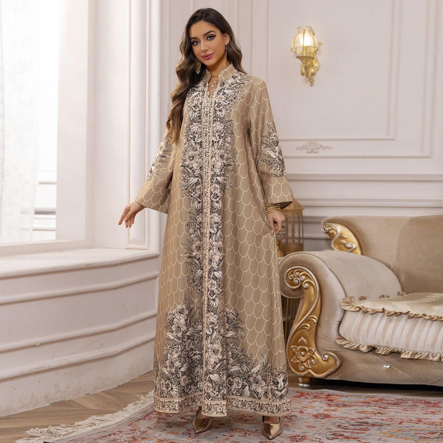 LM6654 Rhinestone-embroidered Long Robe Dress with Elegant Three-dimensional Pattern Design
