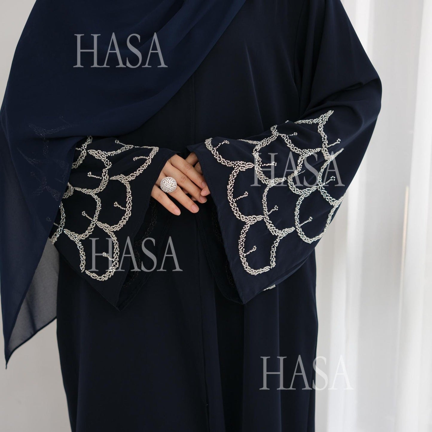 LM6608 Solid Color LMnd-beaded Long Cardigan (headscarf Not Included)
