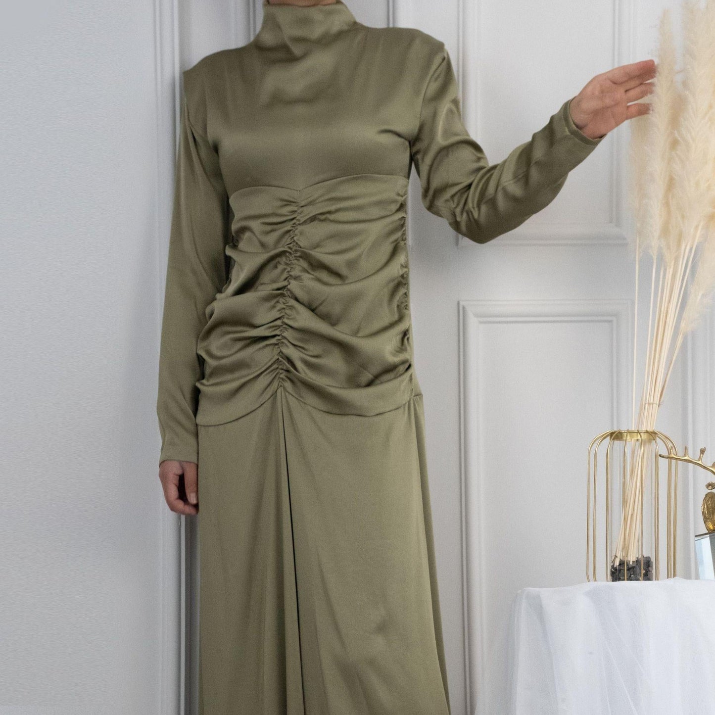 LUMAYA LUMAYA1020 Solid Color High Neck Slimming Robe Dress