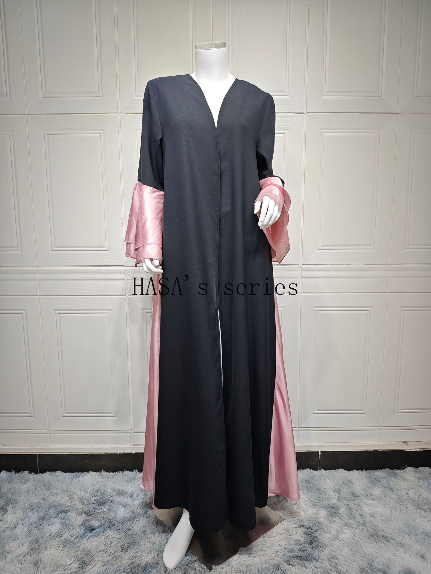 LUMAYA5106 A Soft and Elegant Long Satin Dress with Classic Design and Ruffled Sleeves.