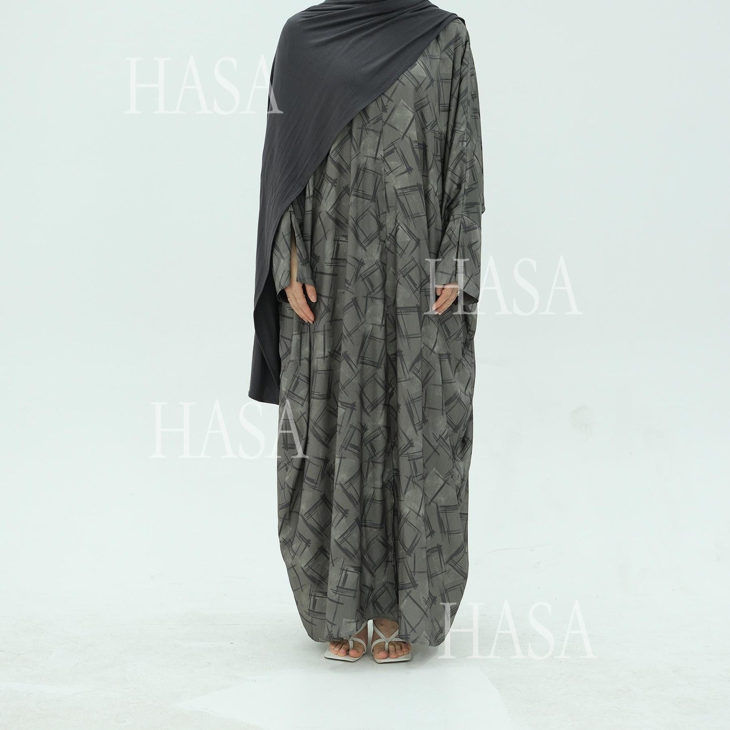 LUMAYA6504 Grey geometric print long cardigan Abaya (headscarf not included)