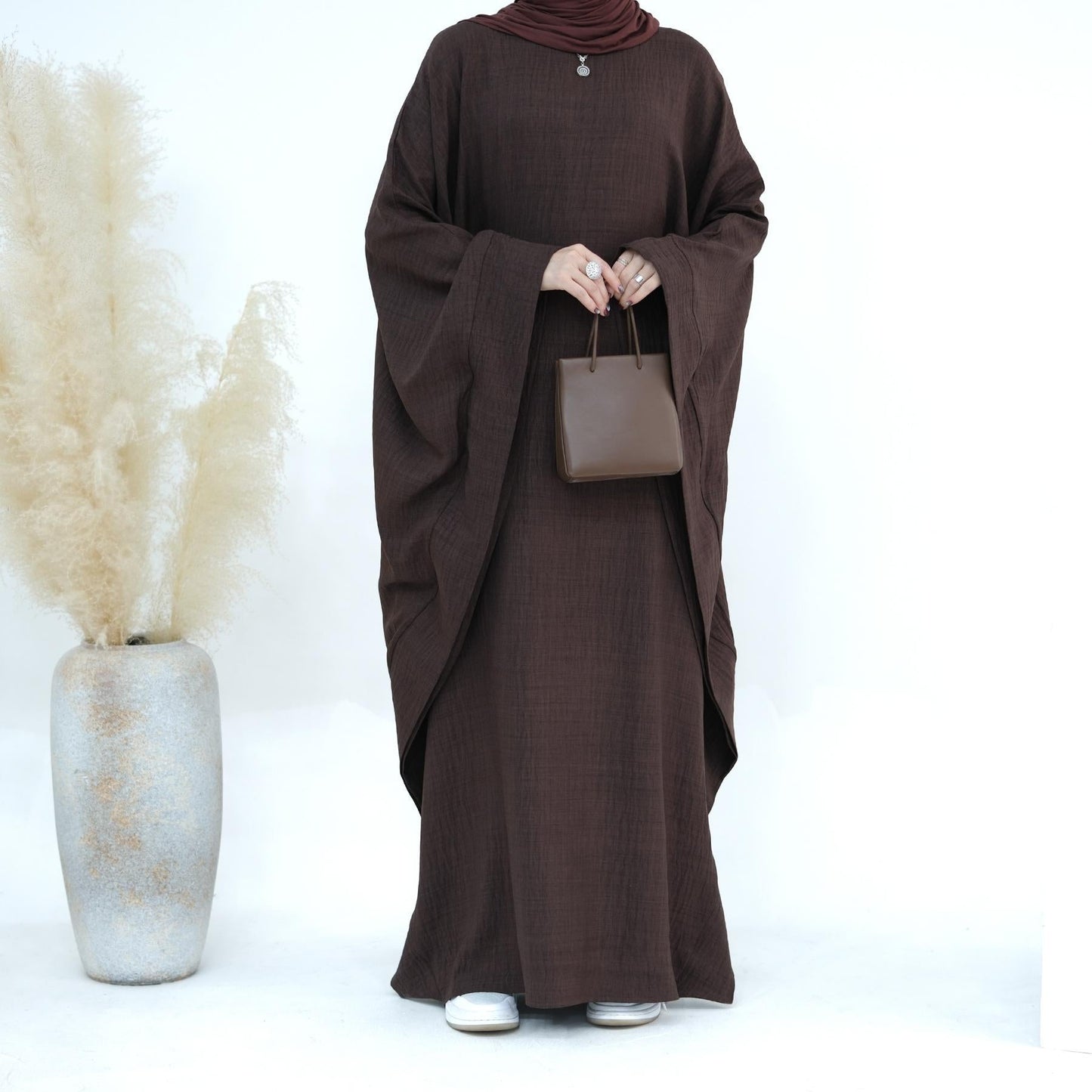 LUMAYA LM1177 Waist Raging Bat Sleeves Dress Crepe Kaftan with Built-in Belt