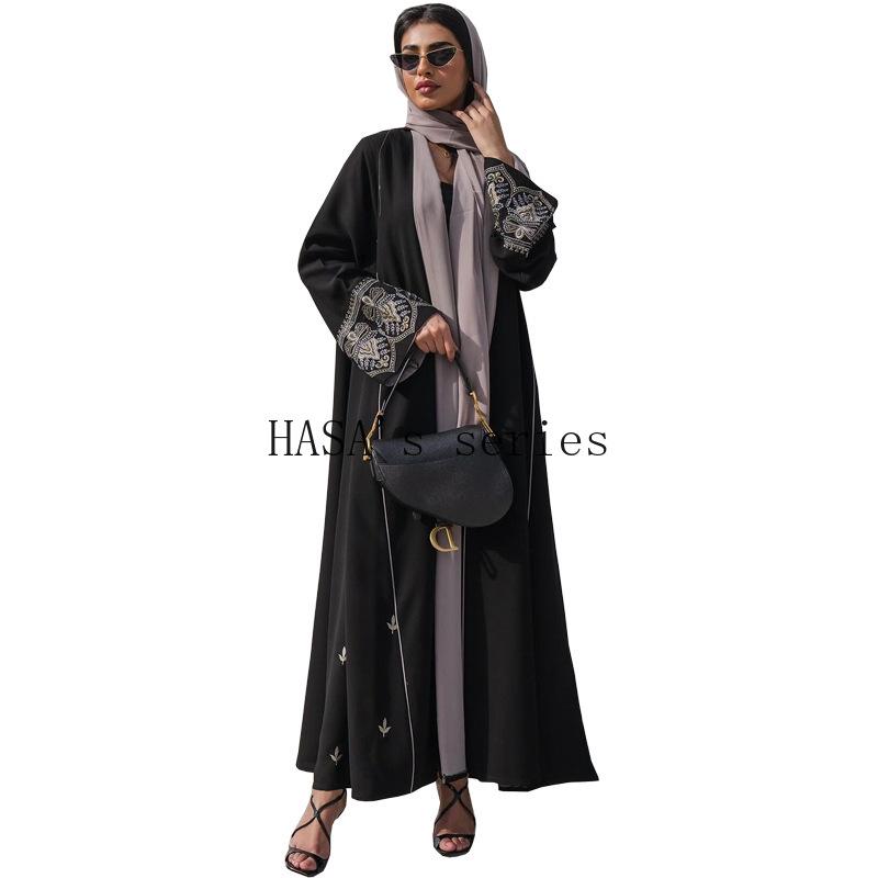 LUMAYA5090 Classic black embroidered patchwork robe, designed as a loose, open-front dress.