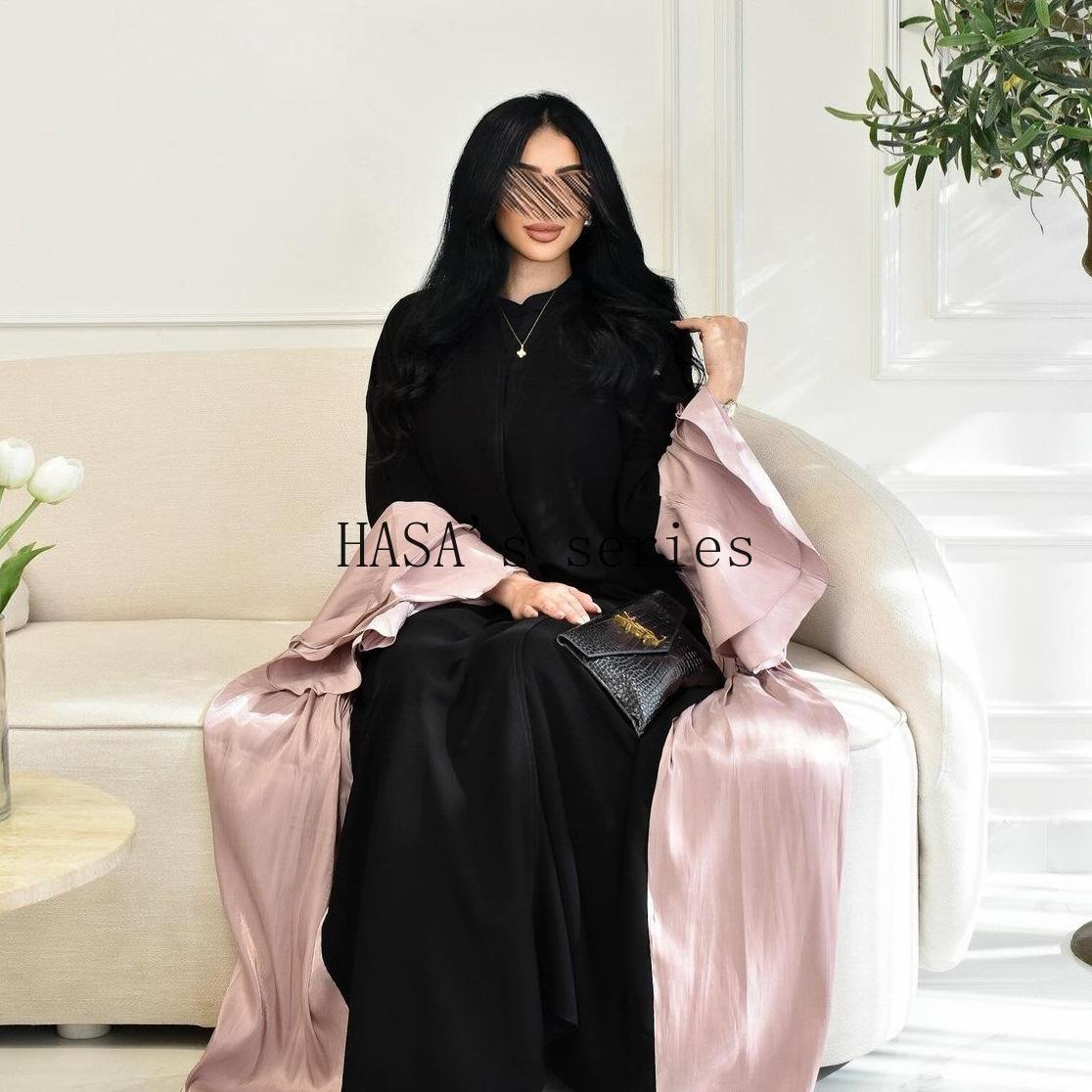 LUMAYA5106 A Soft and Elegant Long Satin Dress with Classic Design and Ruffled Sleeves.