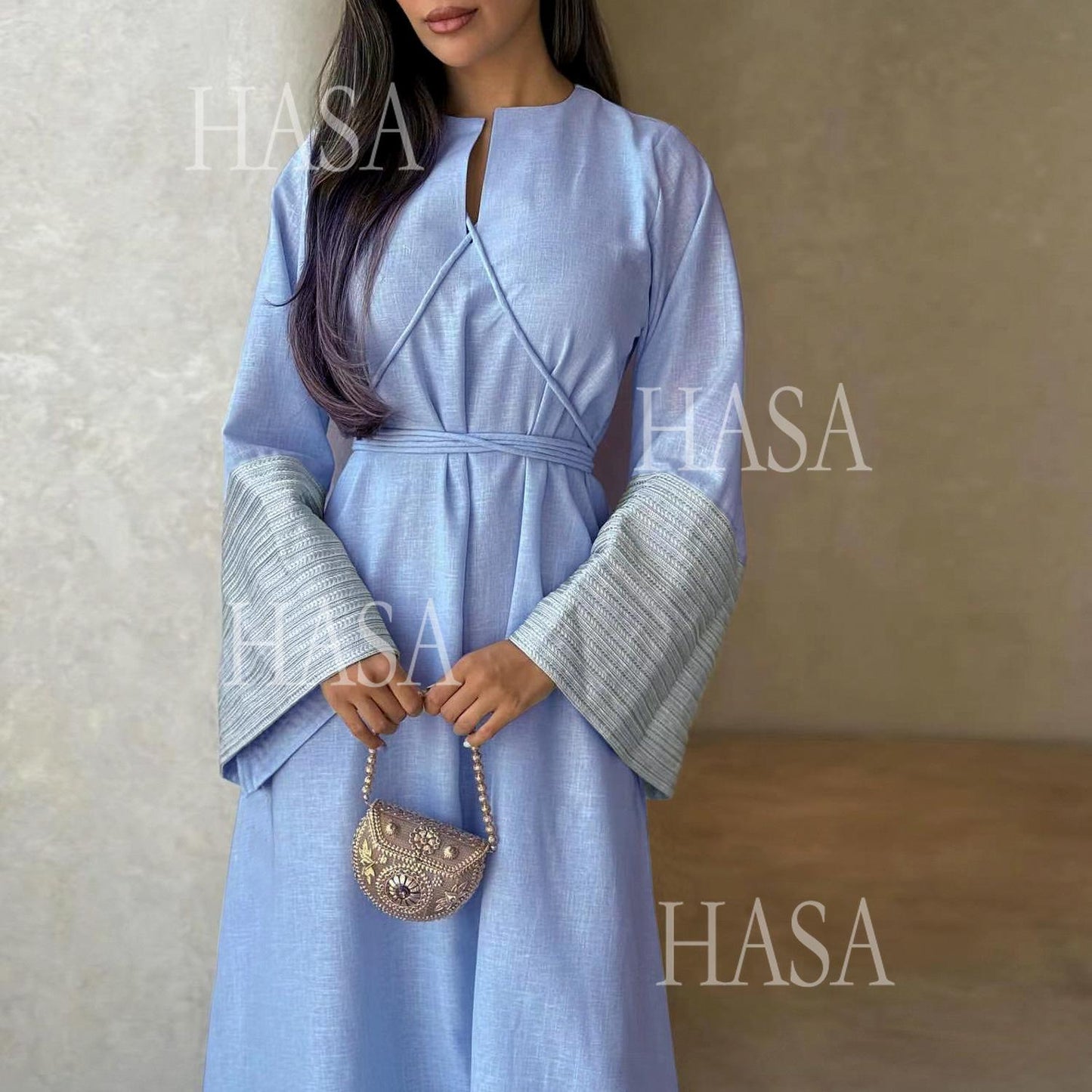 LUMAYA6490 Embroidered Panel Sleeve Long Dress