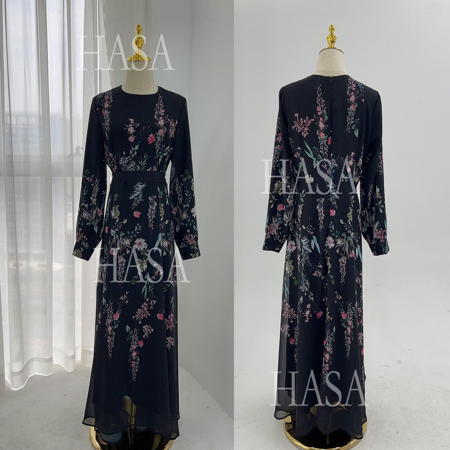 LUMAYA6531 Chiffon Printed Ankle-Length Maxi Dress with Long Sleeves