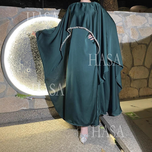 LUMAYA6476 Long Sleeves Glossy Robe with Pearl Embellishment