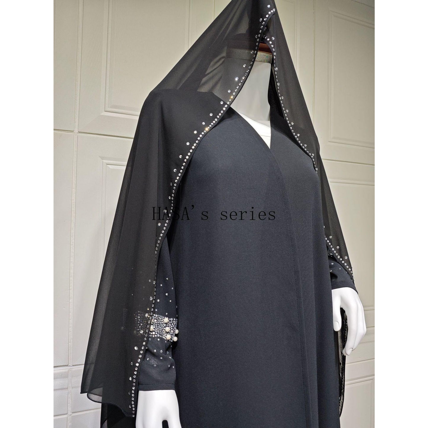 LUMAYA5097 Elegant Black Rhinestone-embellished Gown, Two-piece Beaded Set with Headscarf.