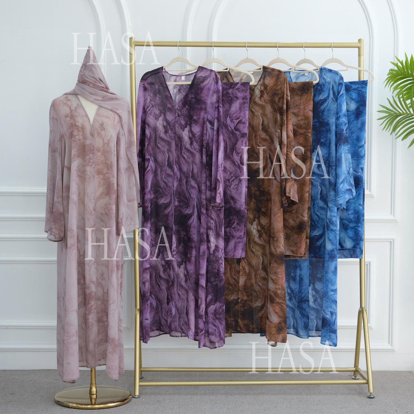 LUMAYA6551 Printed Abaya Cardigan with Matching Scarf Two-Piece Set