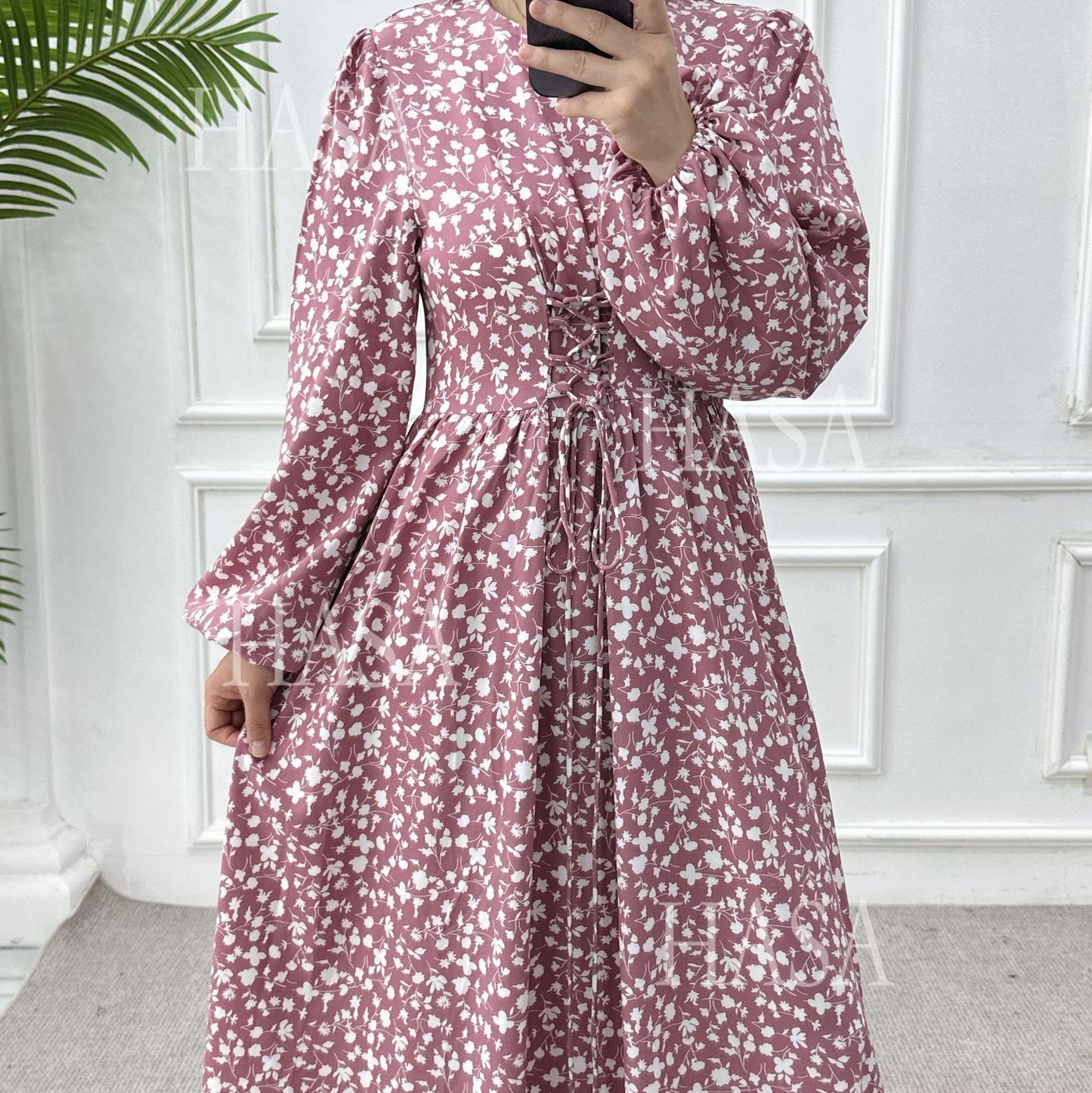 LUMAYA6489 Long-sleeved Floral Maxi Dress with Natural Waist