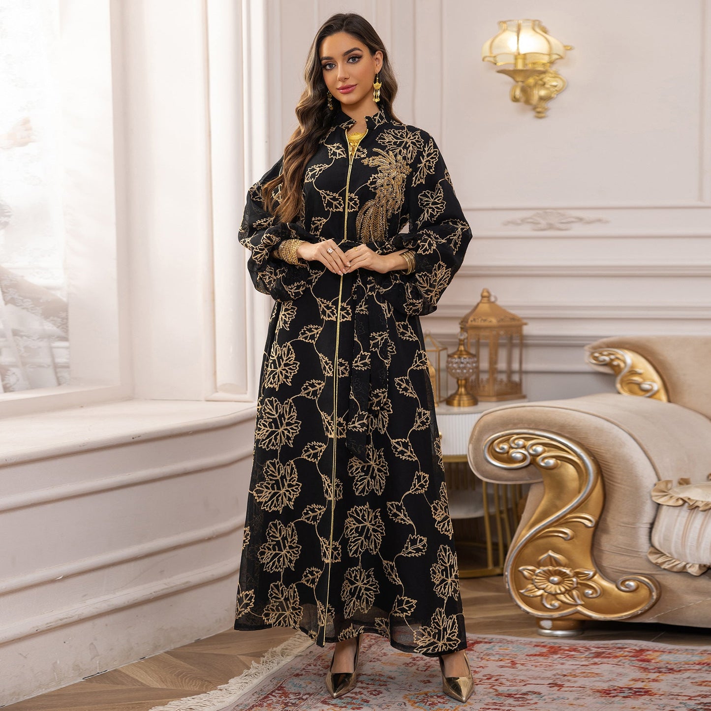LM6651  Floral Print Long Dress, Elegant Stand-up Collar Evening Gown