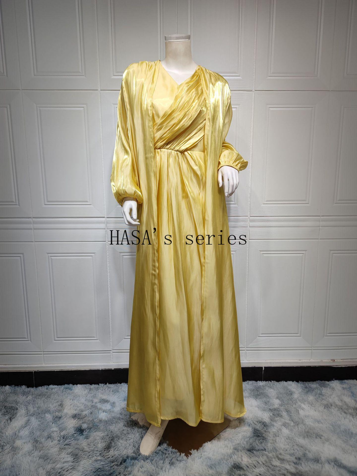 LUMAYA5094 Simple yet elegant and lustrous silk suit, featuring an elegantly pleated two-piece dress design.