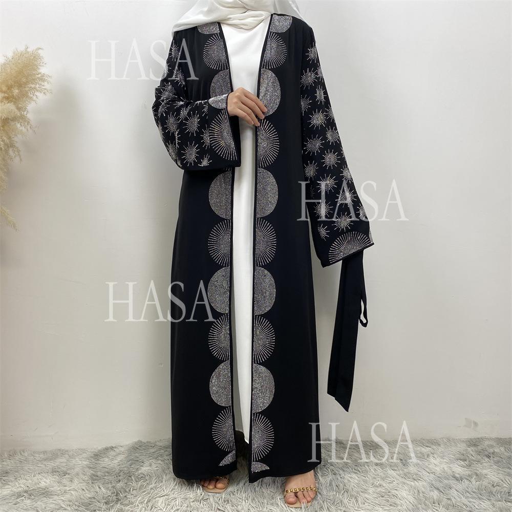 LM6588 Black Cardigan Dress with Rhinestone Embellishment and Pockets