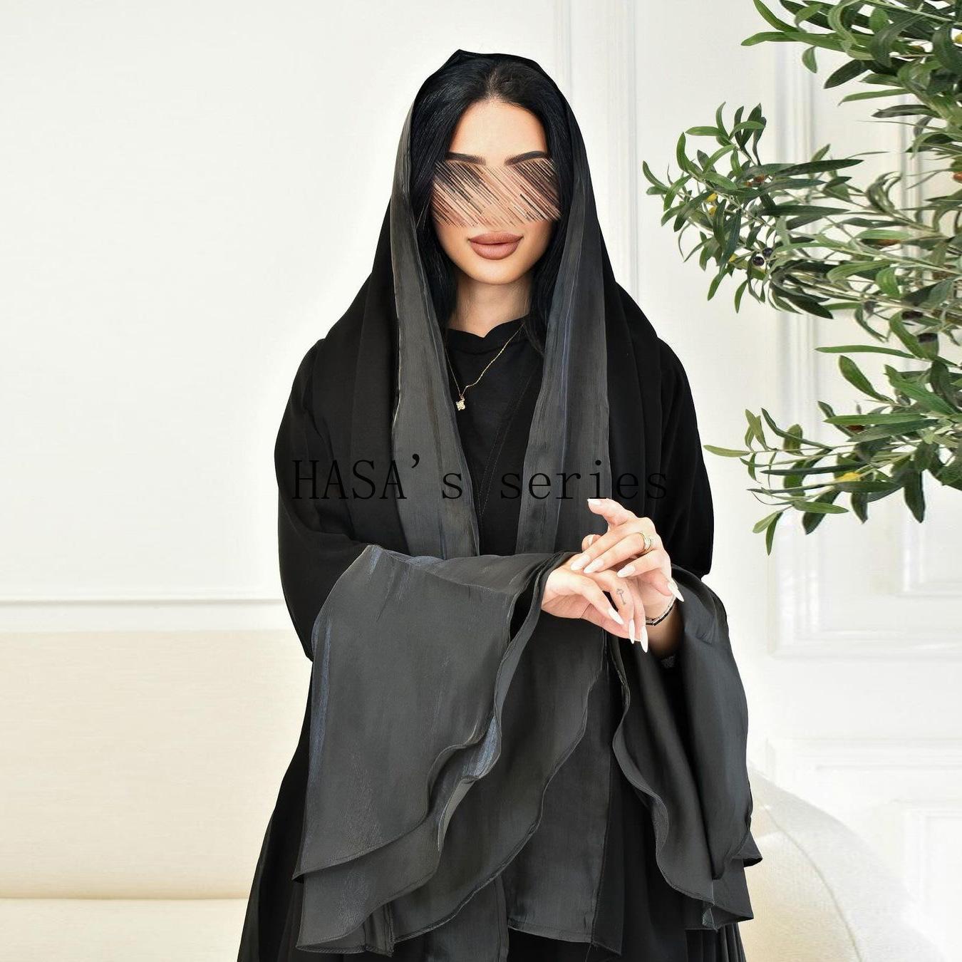 LUMAYA5106 A Soft and Elegant Long Satin Dress with Classic Design and Ruffled Sleeves.