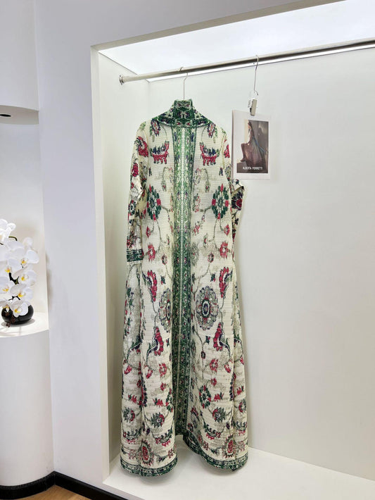 LUMAYA6722 Porcelain Dreams  White Abaya with Green & Red Floral Prints