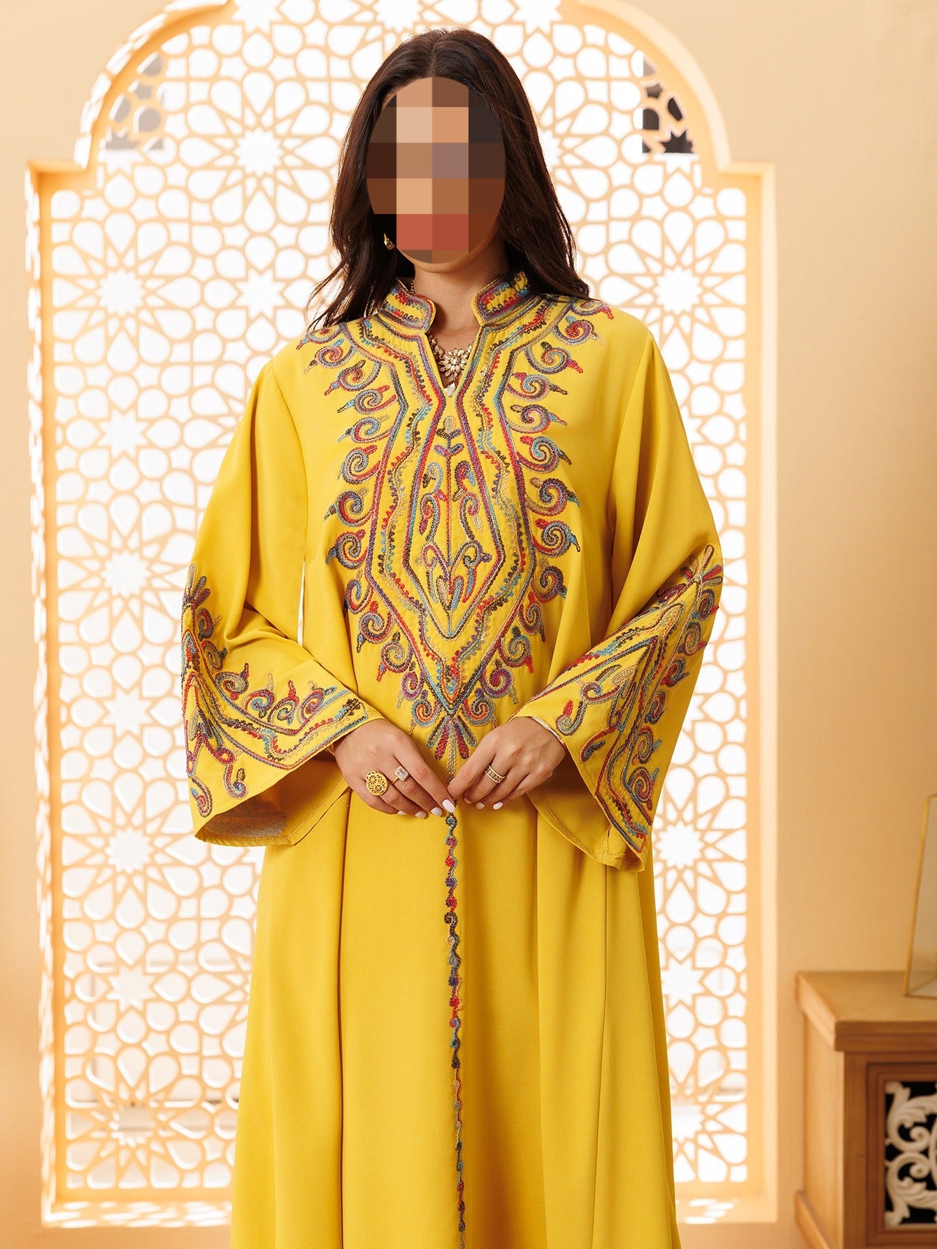 LM6669 Pullover Embroidered Robe Dress with Simple Long Sleeves