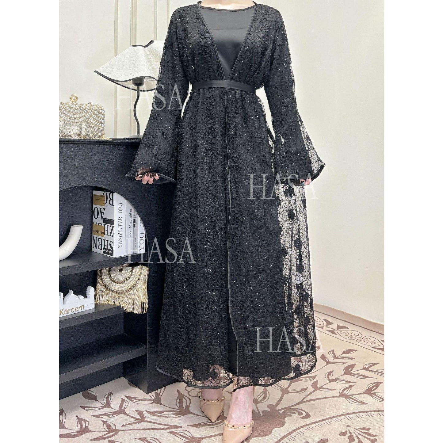 LUMAYA6482 Soft Lace Maxi Dress Set, Simple Loose Design