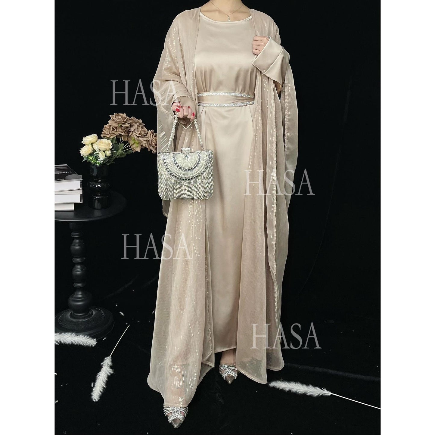 LM6571 Gold embellished long Abaya skirt set
