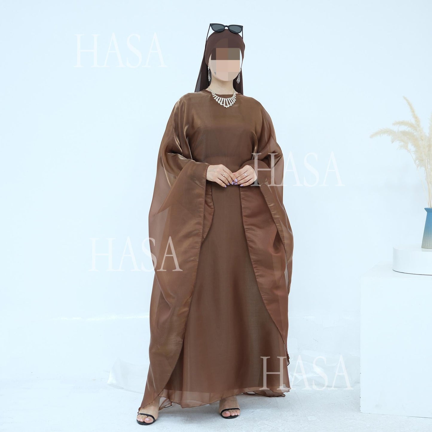 LUMAYA6524 Elegant two-piece solid-color robe and dress with optional headscarf