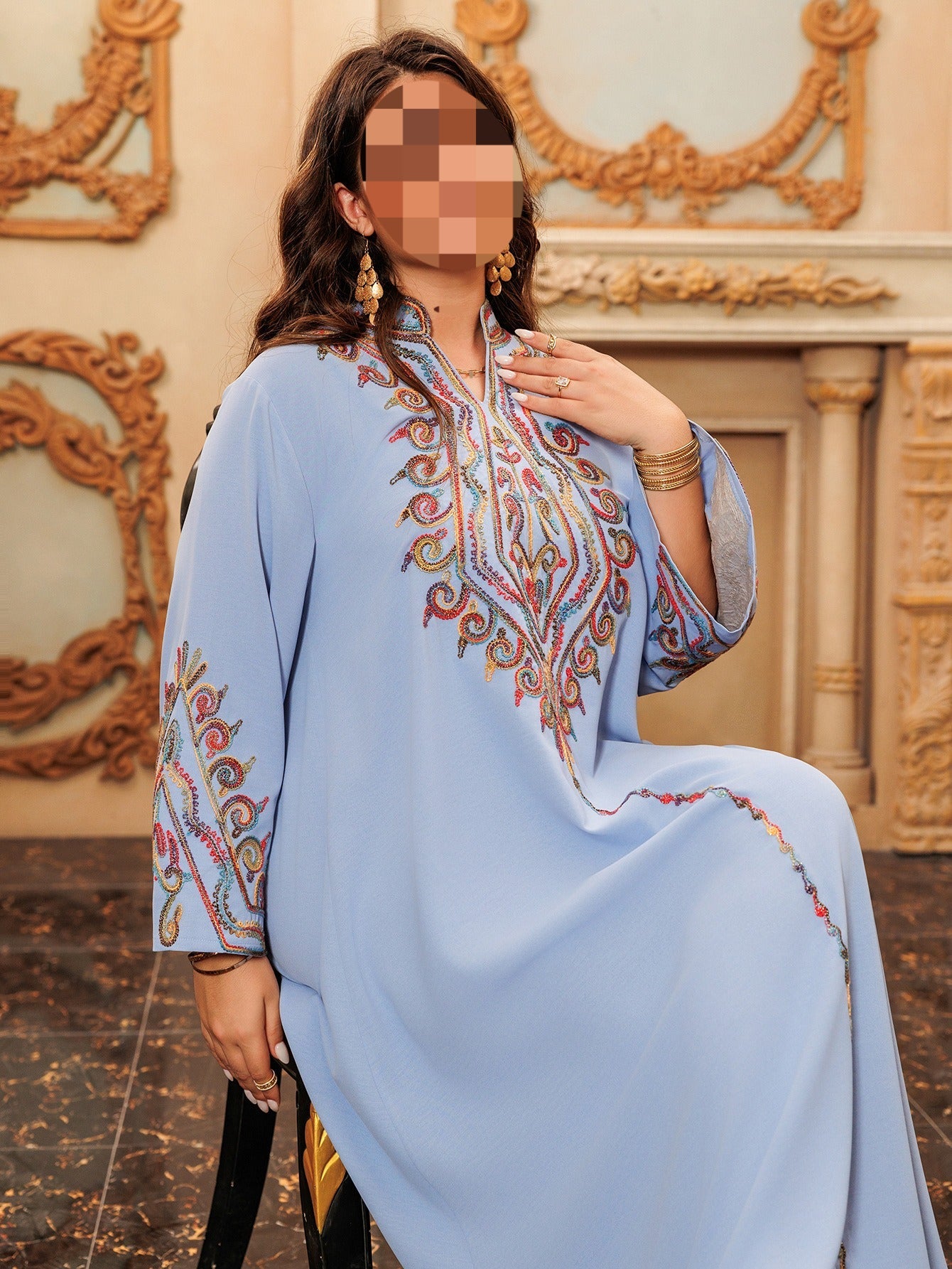 LM6669 Pullover Embroidered Robe Dress with Simple Long Sleeves