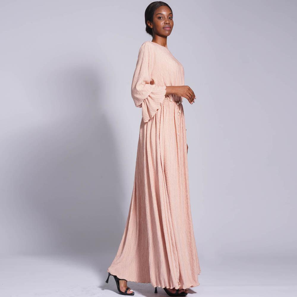 LUMAYA0434 Muslim Ladies Stretch Crumpled Sprinkle Gold Dress Solid Color Bell Sleeve Long Dress