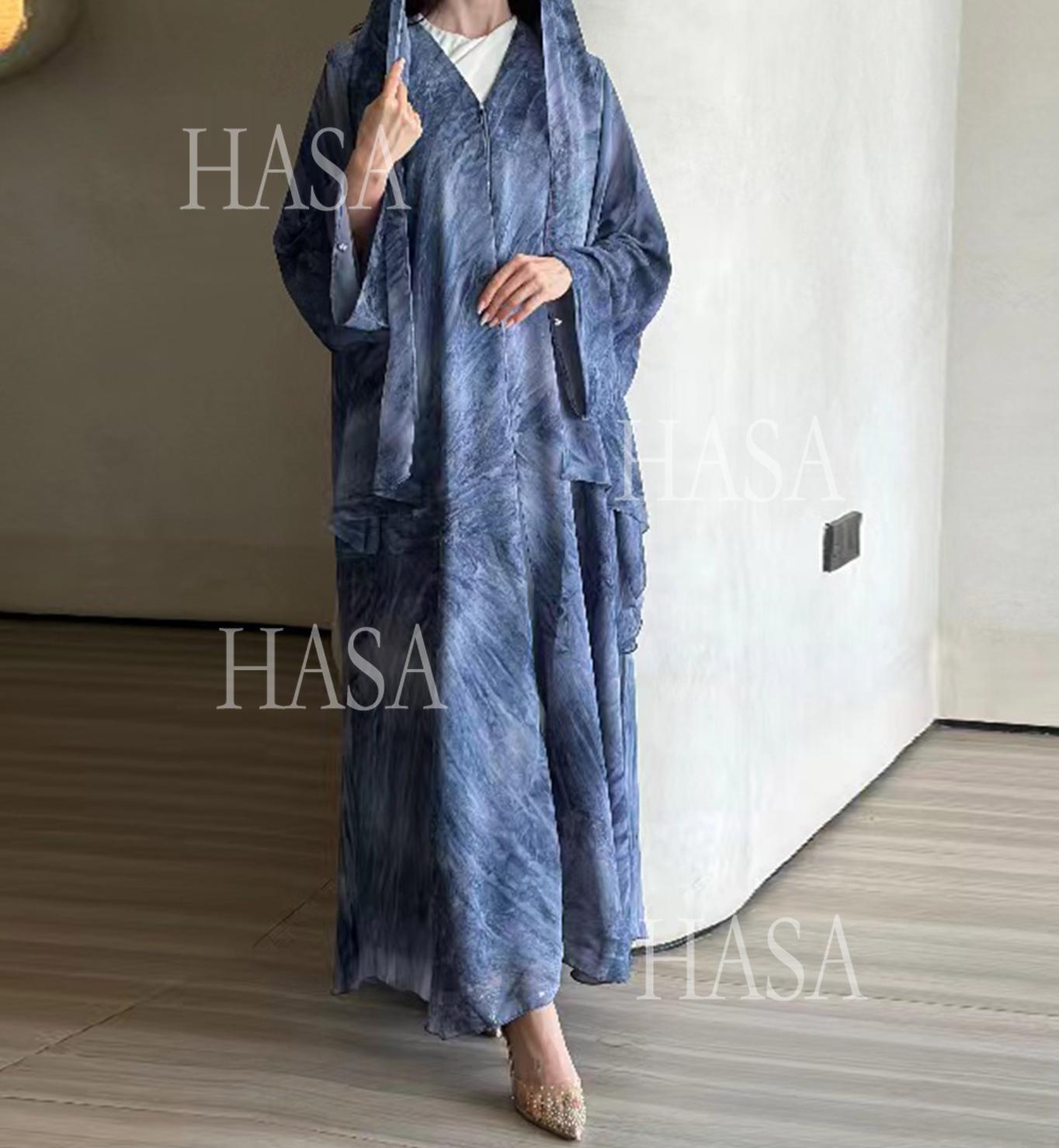 LUMAYA6551 Printed Abaya Cardigan with Matching Scarf Two-Piece Set