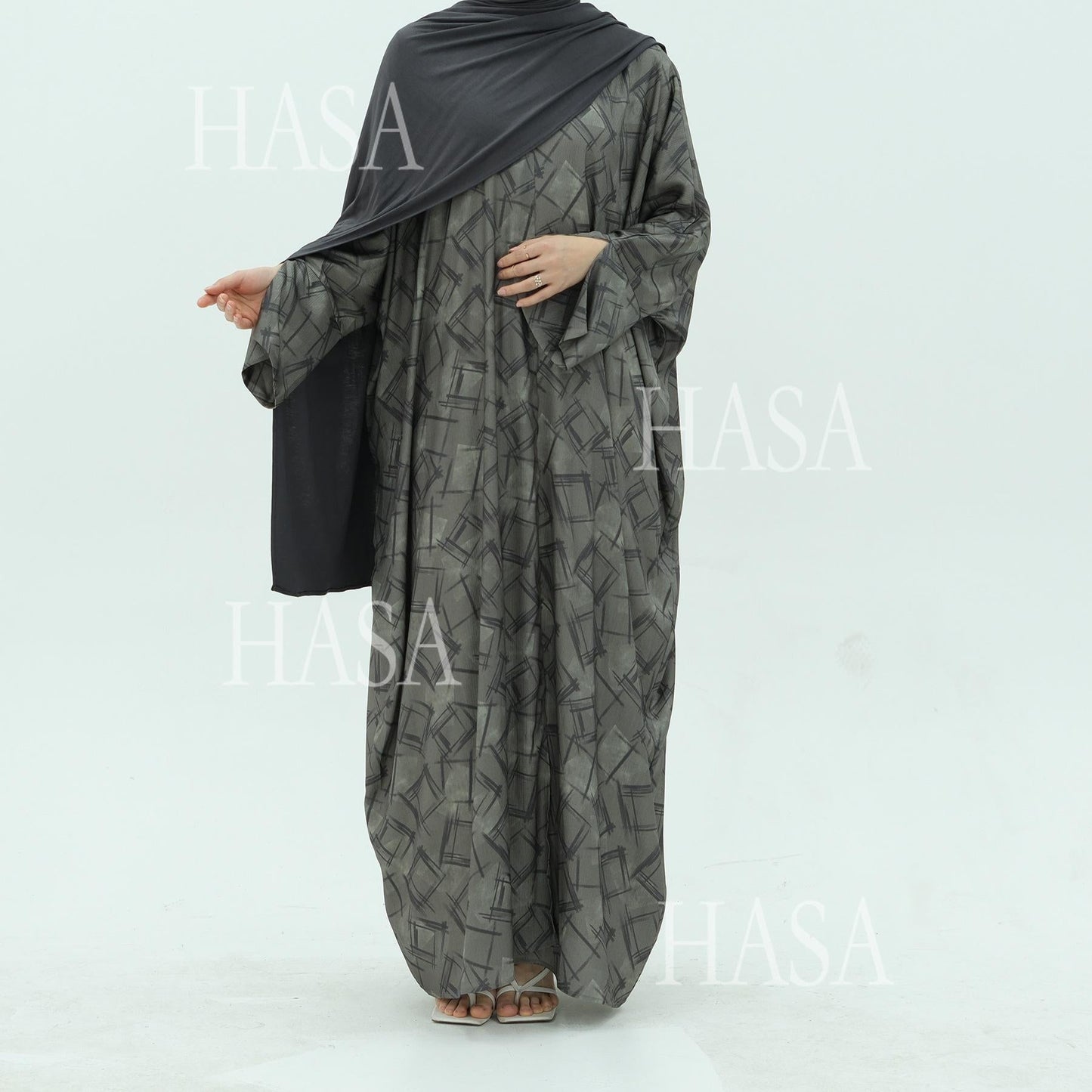 LUMAYA6504 Grey geometric print long cardigan Abaya (headscarf not included)