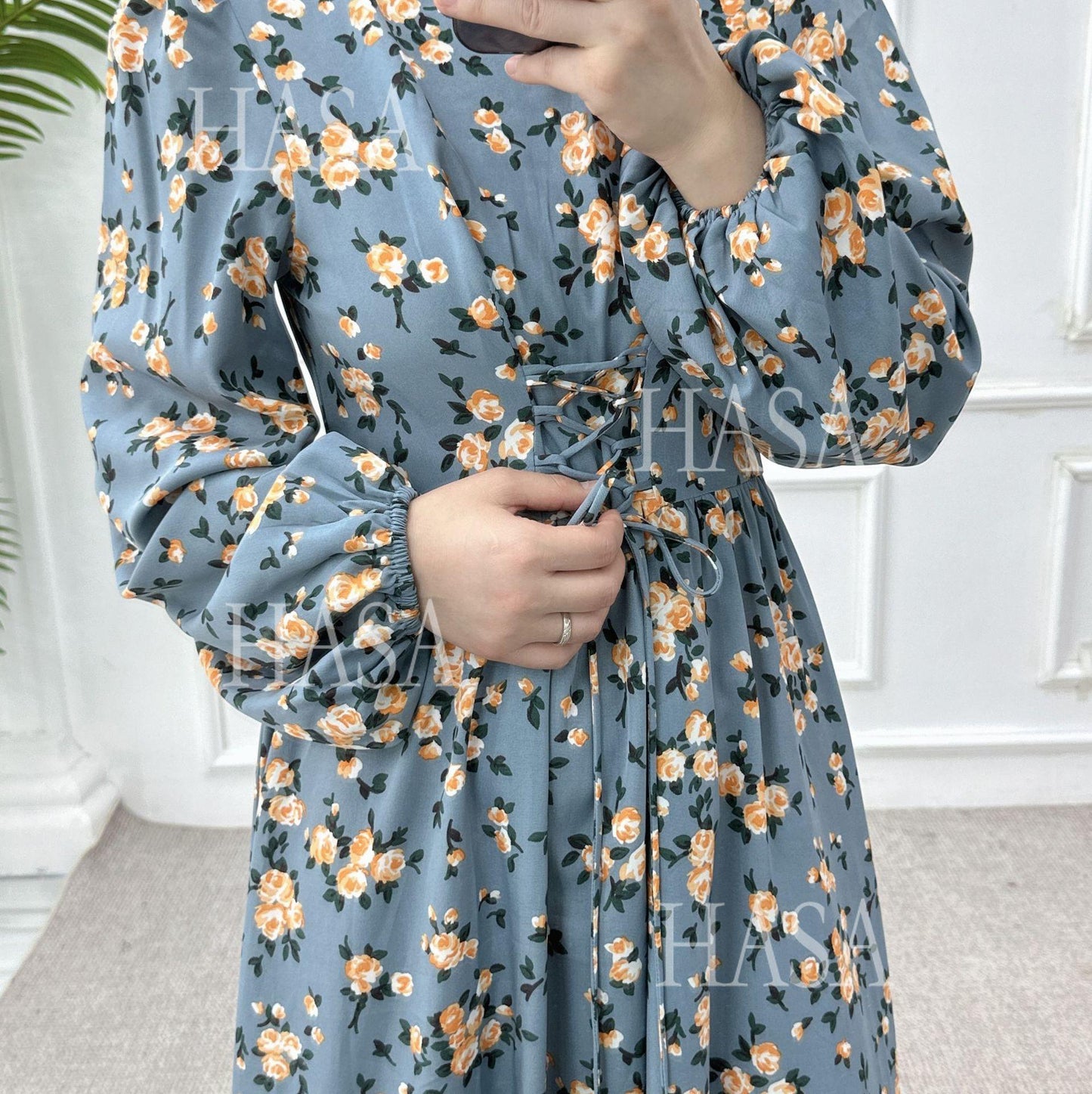 LUMAYA6489 Long-sleeved Floral Maxi Dress with Natural Waist