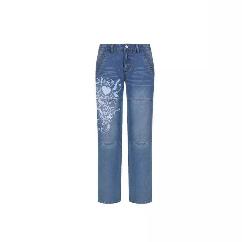 LUMAYA6382 Street Style Women's Clothing Irregular Printing Loose Trousers Low Waist Folds Washed for Old Multi-colored Jeans