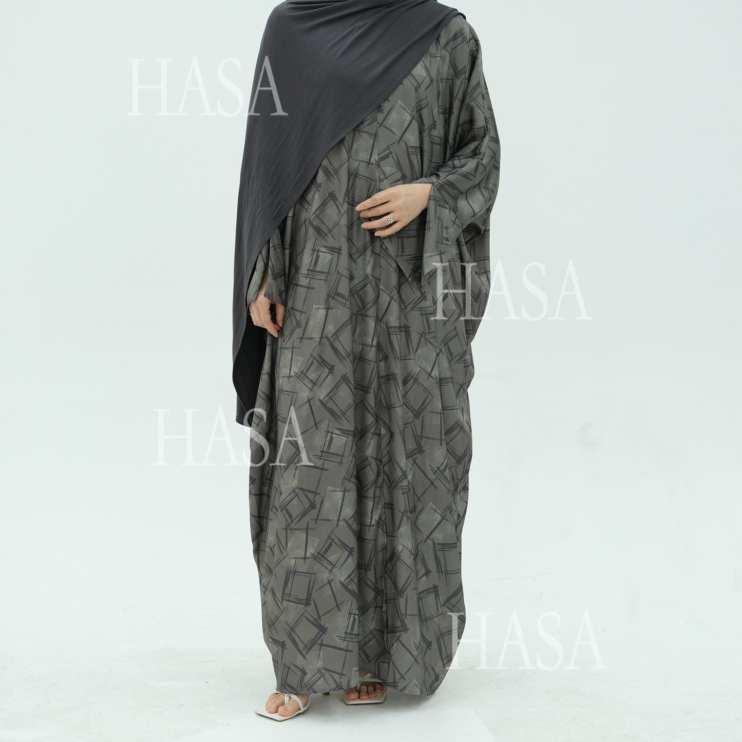LUMAYA6504 Grey geometric print long cardigan Abaya (headscarf not included)