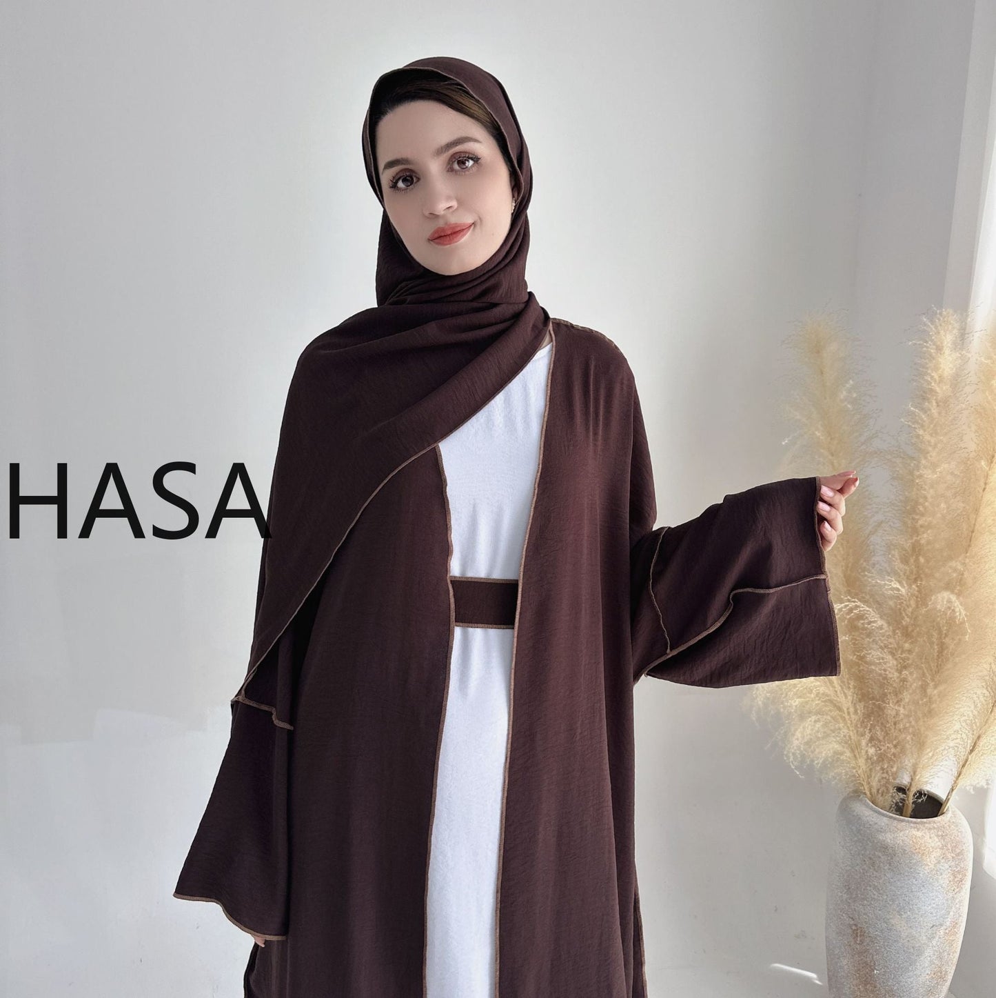 LMSA LM1246H 2 PCS SET Crepe Solid Color Loose Hem Cardigan Robe with Hijab