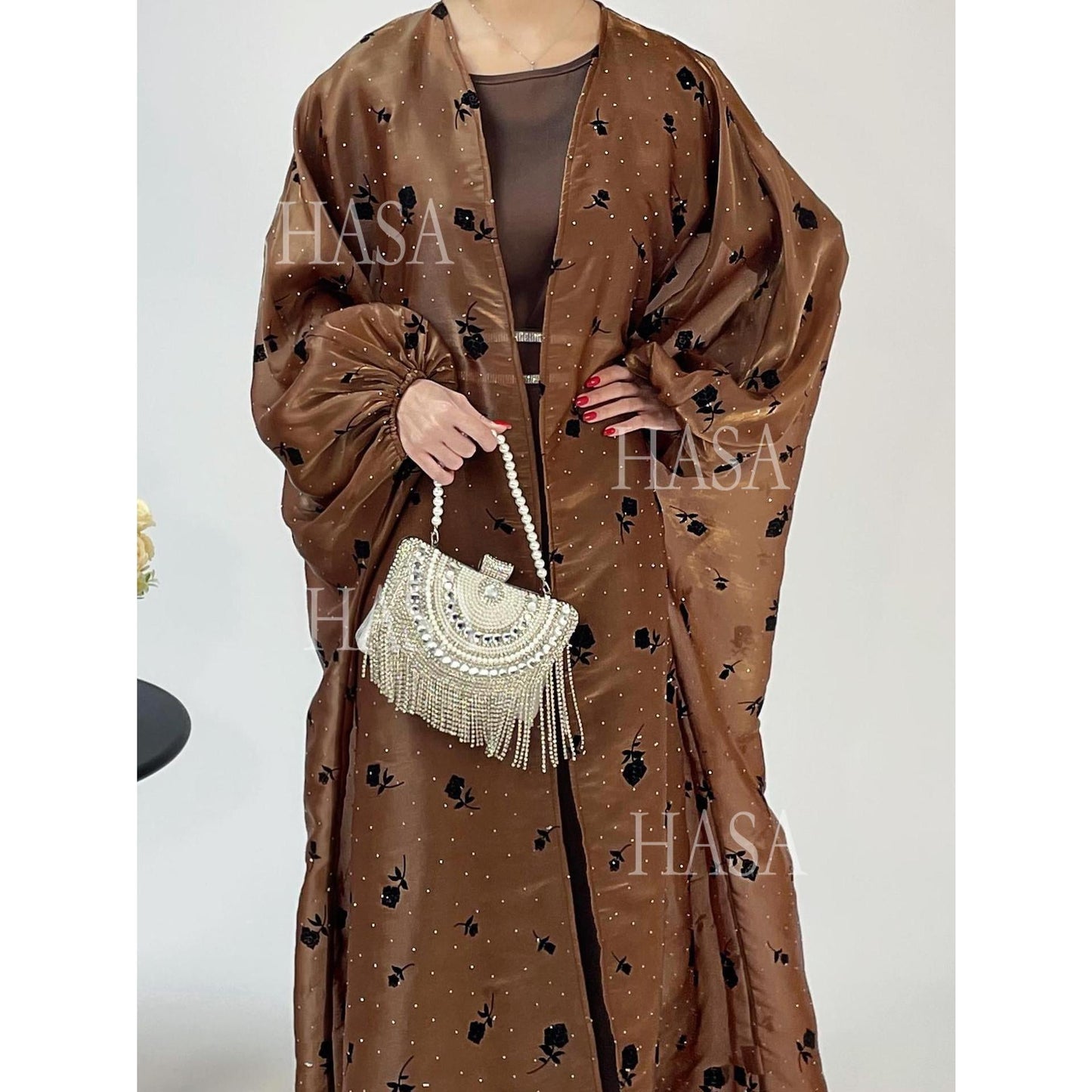 LUMAYA6536 Elegant Rose Pattern Abaya Outer Dress Set
