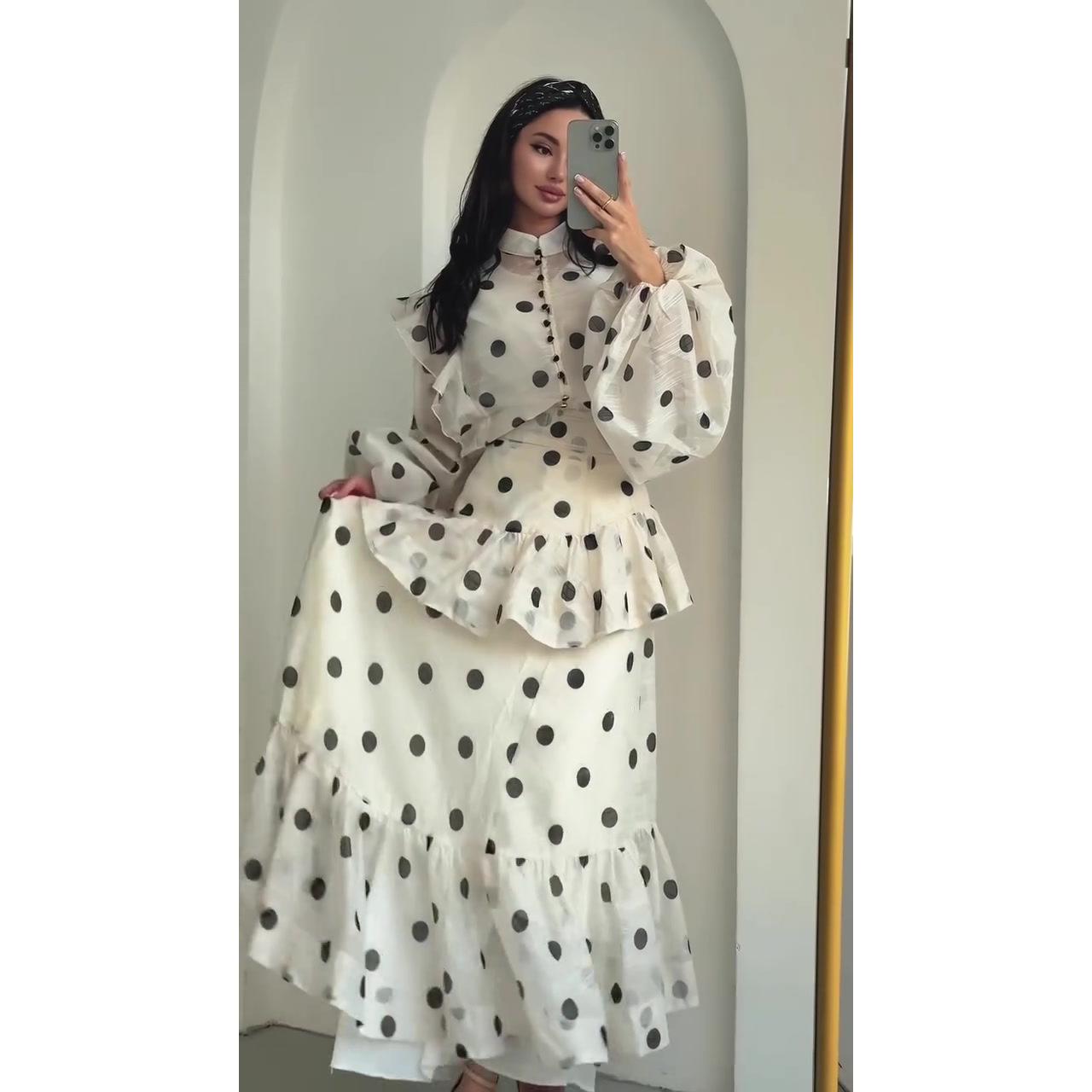 LUMAYA6732 Vintage Polka Dot Co-ord Set Puff Sleeve Blouse & Long Ruffle Skirt Outfit