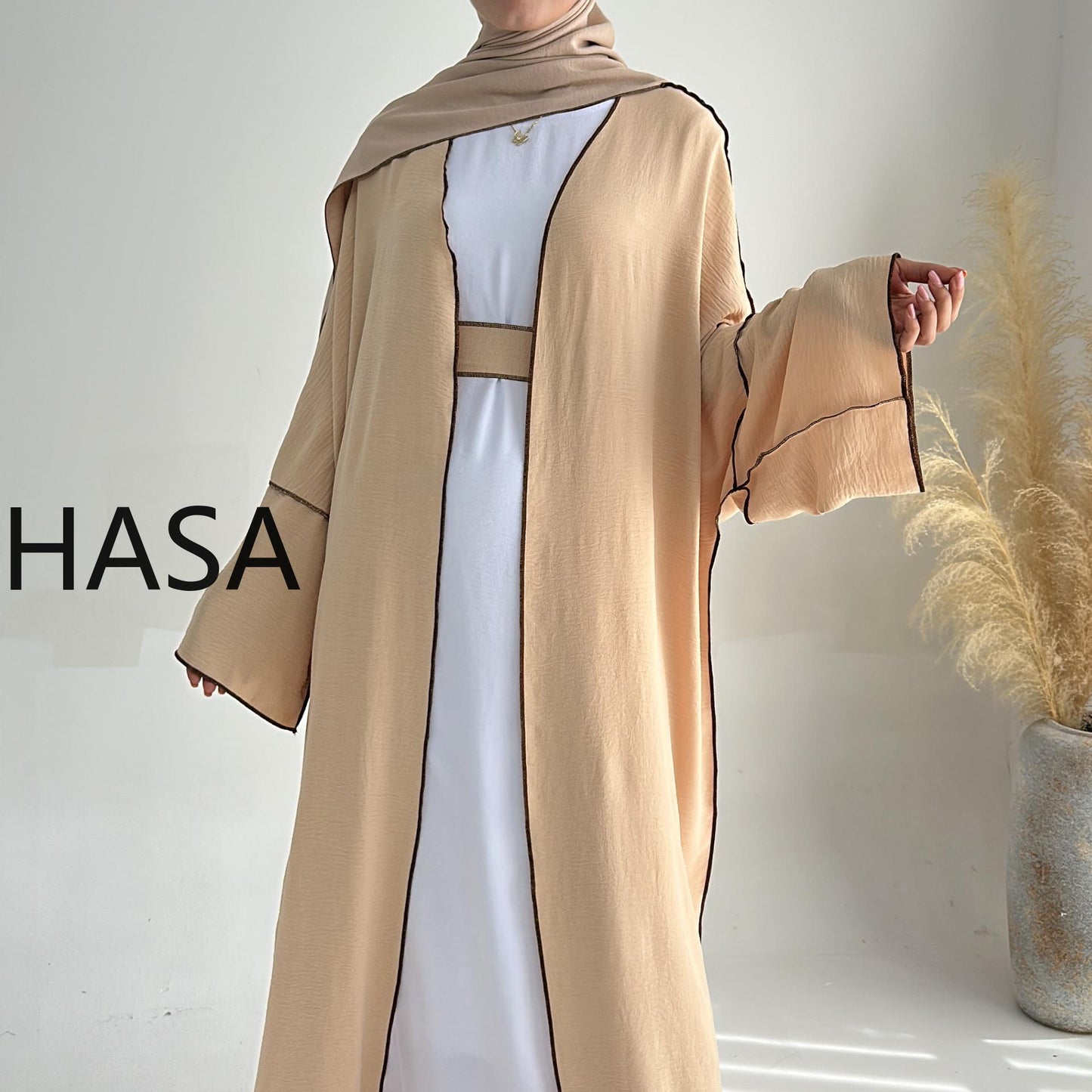LMSA LM1246H 2 PCS SET Crepe Solid Color Loose Hem Cardigan Robe with Hijab