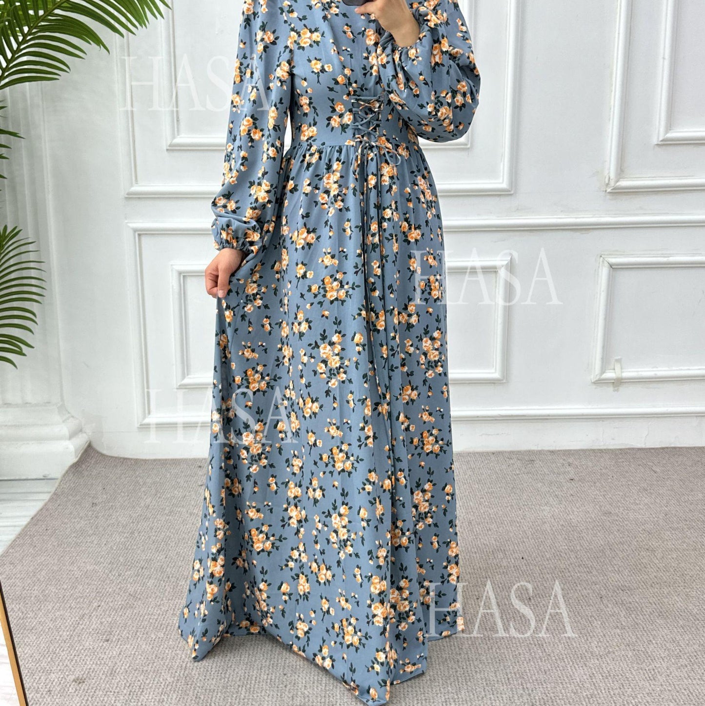 LUMAYA6489 Long-sleeved Floral Maxi Dress with Natural Waist