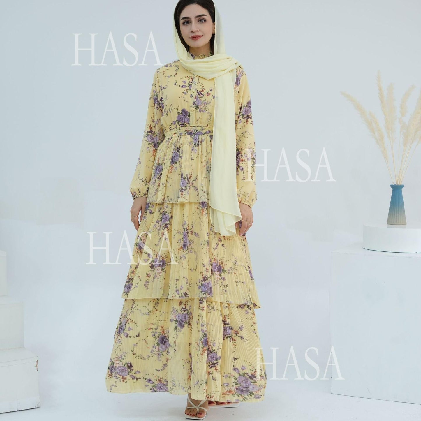 LUMAYA6500  Romantic Layered Print Long Dress