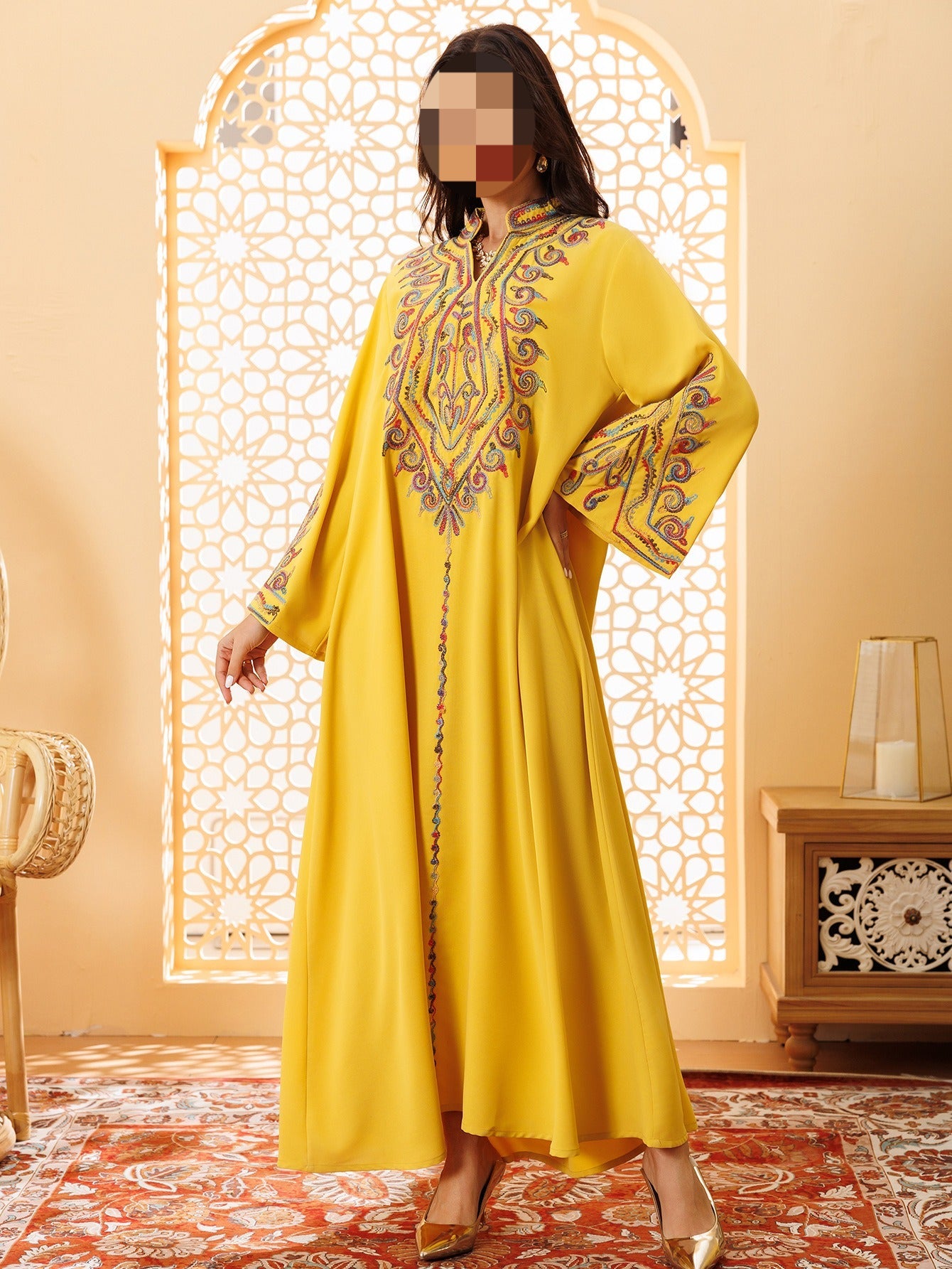 LM6669 Pullover Embroidered Robe Dress with Simple Long Sleeves